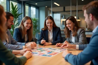 Groupe divers de professionnels jouant à un jeu en équipe