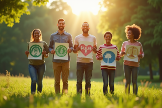 Cinq personnes dans un parc tenant des icônes des SDGs