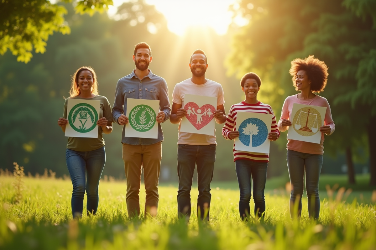 Cinq personnes dans un parc tenant des icônes des SDGs