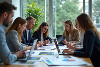 Groupe de professionnels examinant des photos numériques
