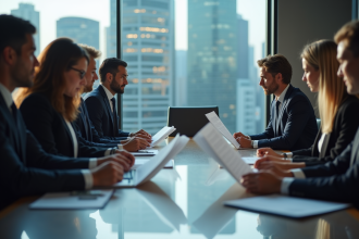 Groupe de professionnels en réunion d'affaires sérieux