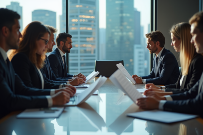 Groupe de professionnels en réunion d'affaires sérieux