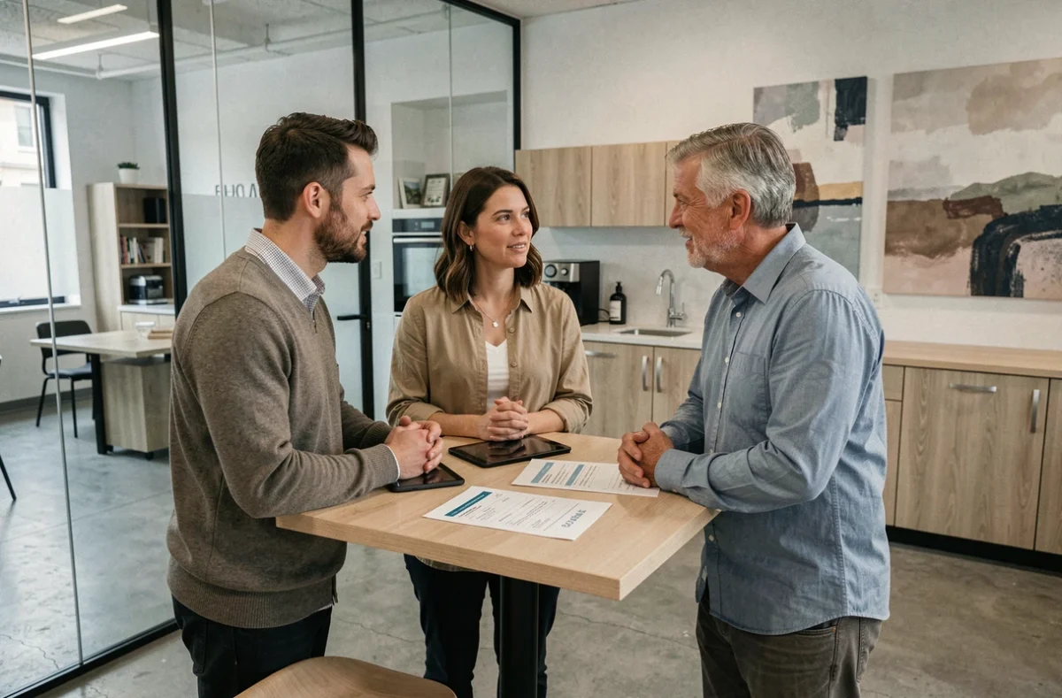 Groupe de professionnels discutant des tarifs d'un espace de coworking à Narbonne