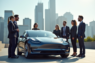 Groupe de professionnels admirant une Tesla Model 3 en ville