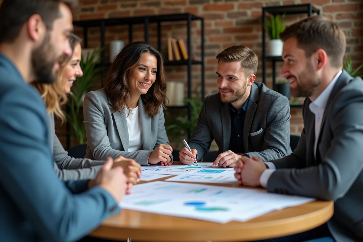 Groupe de professionnels analysant des graphiques en &eacute;quipe