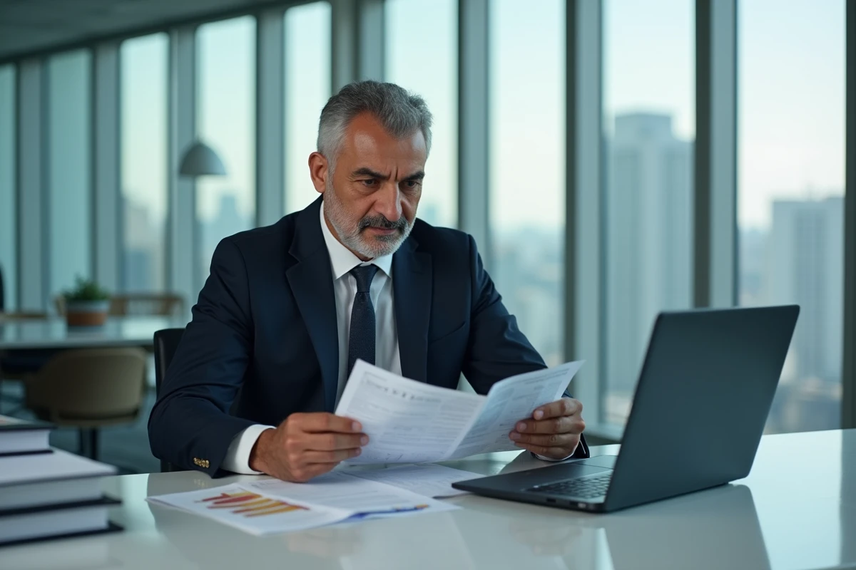 Hakim Benotmane entrepreneur dirigeant examinant des documents financiers dans un bureau exécutif moderne