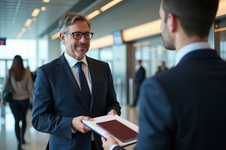 Homme d'affaires en costume présente son passeport à l'aéroport