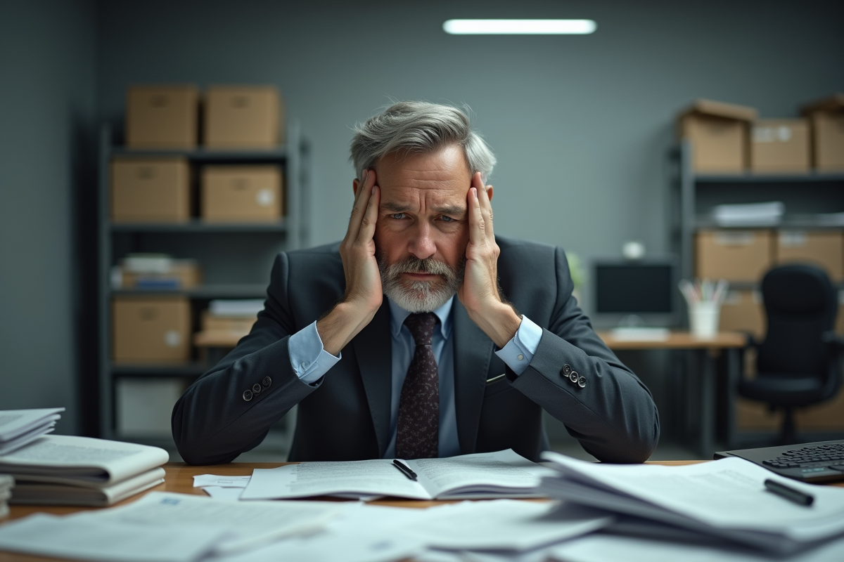 Homme d'affaires pensif dans un bureau encombre