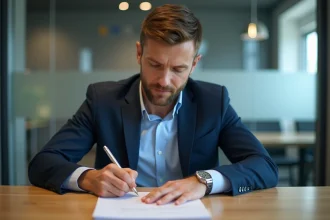Homme d'affaires en costume bleu dans un bureau moderne