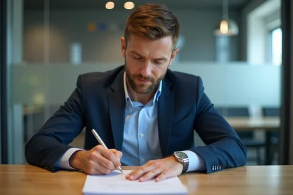 Homme d'affaires en costume bleu dans un bureau moderne