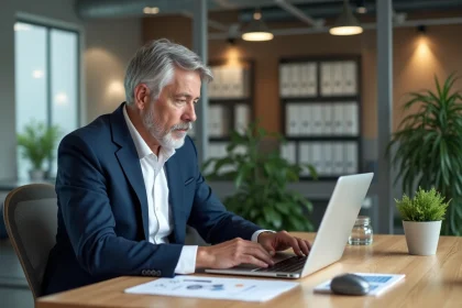 Homme d'affaires en blazer bleu travaillant sur un ordinateur