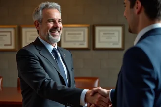 Homme d'affaires souriant serre la main d'un superviseur dans un bureau élégant