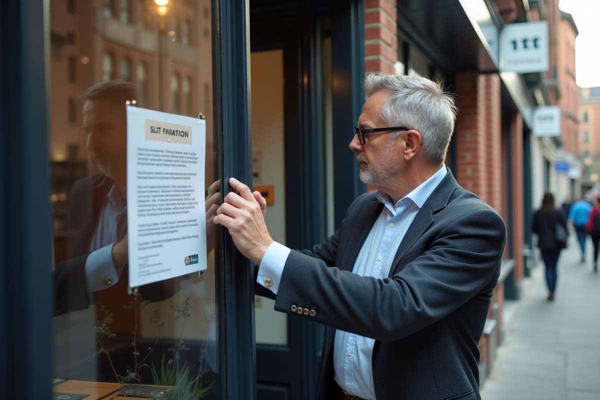 Homme posant un avis de conformité devant une boutique urbaine
