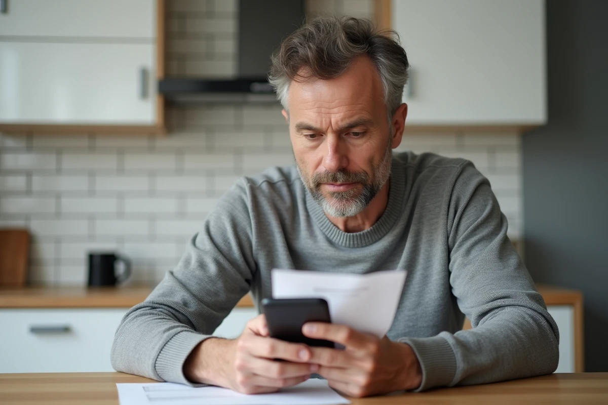 Homme consultant un avis de passage Geodis et cherchant un numéro de téléphone non surtaxé