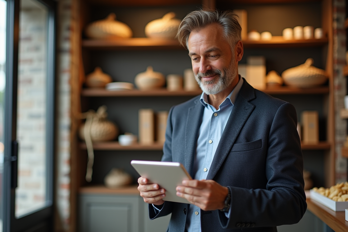 Homme vérifiant ses ventes dans une boutique artisanale