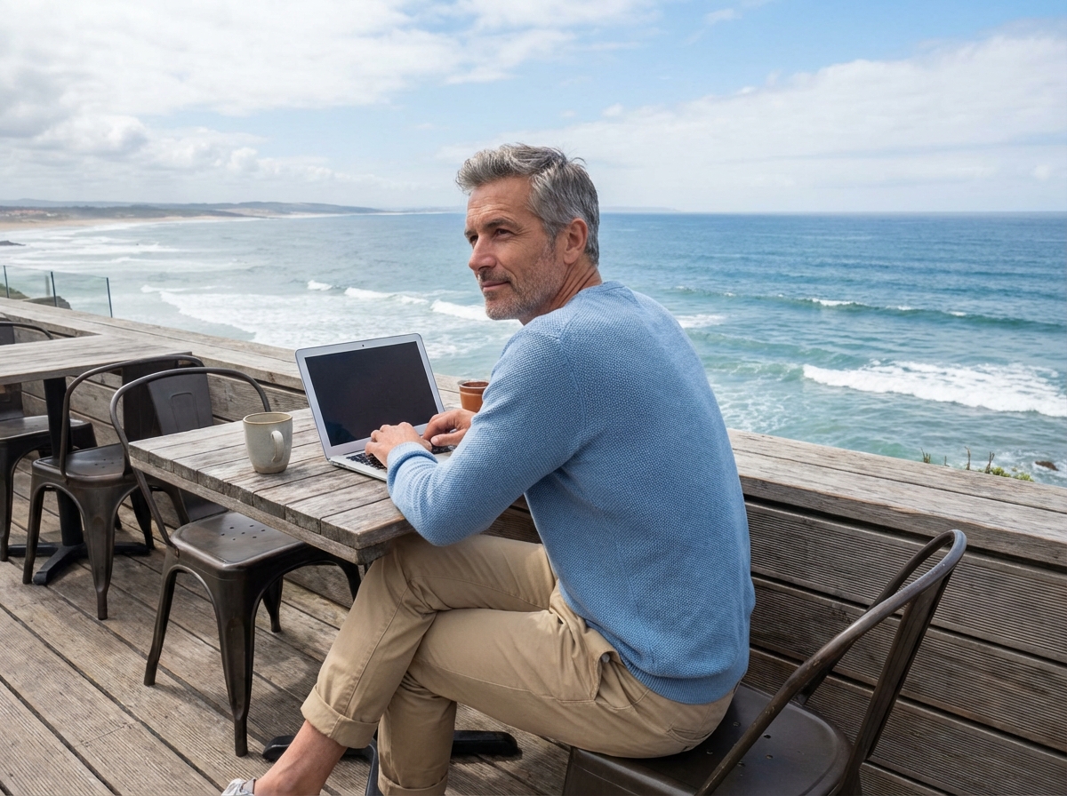 Homme au caf&eacute; regardant vers l