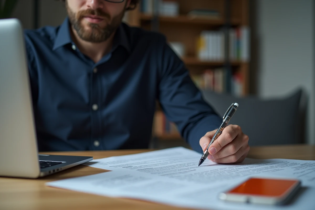 Homme consultant son contrat Orange et son téléphone pour effectuer une résiliation d'abonnement