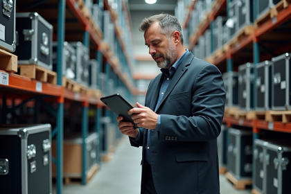 Homme d'&acirc;ge moyen v&eacute;rifiant un tableau dans un entrep&ocirc;t moderne