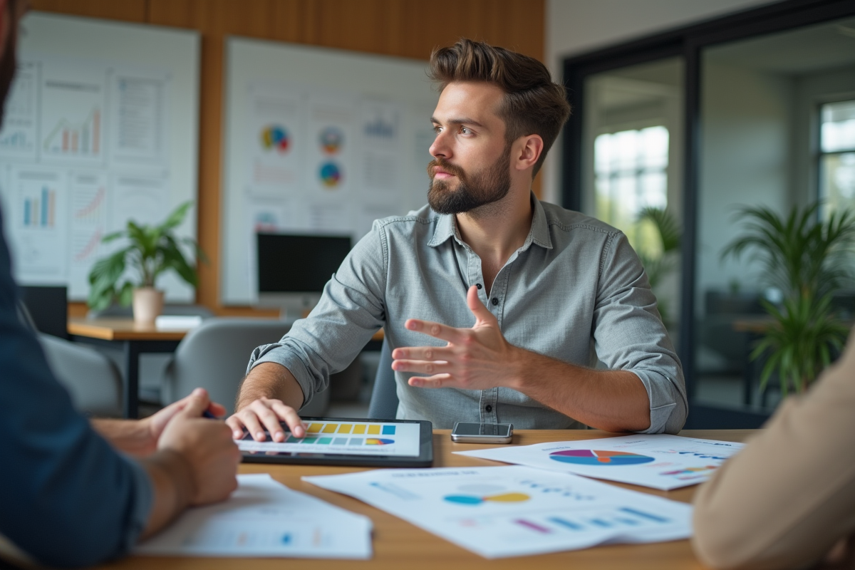 Homme en réunion discutant stratégie avec un collègue