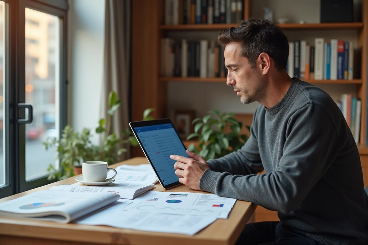 Homme consultant un magazine économique en ligne sur une tablette depuis son bureau à domicile pour analyser les tendances du marché