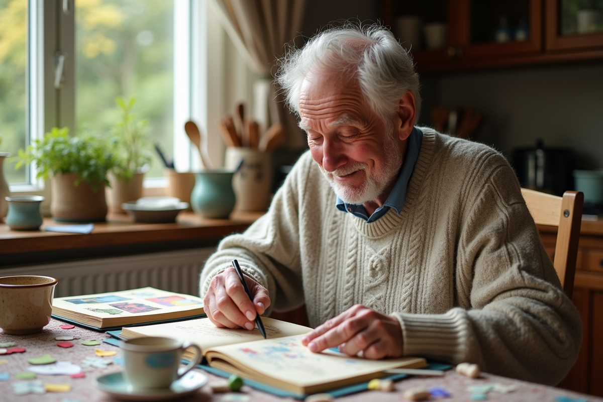 Homme âgé collant des photos dans un journal lumineux