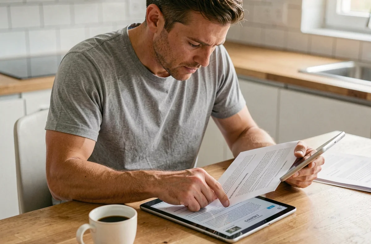 Homme consultant un guide papier pour remplir un formulaire en ligne sur une tablette dans une cuisine moderne