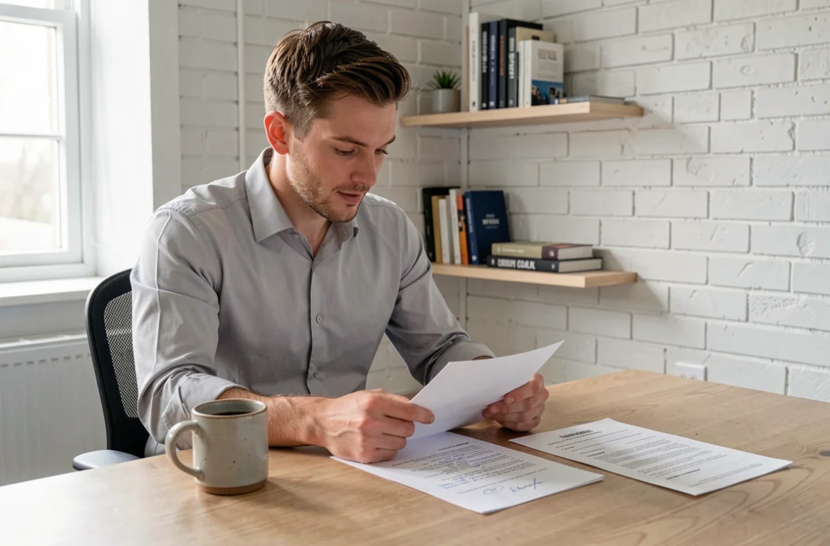 Homme en home office relisant son brouillon de mail de candidature pour exprimer son intérêt pour un poste