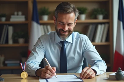 Homme d'&acirc;ge moyen souriant avec m&eacute;daille du travail dans un bureau