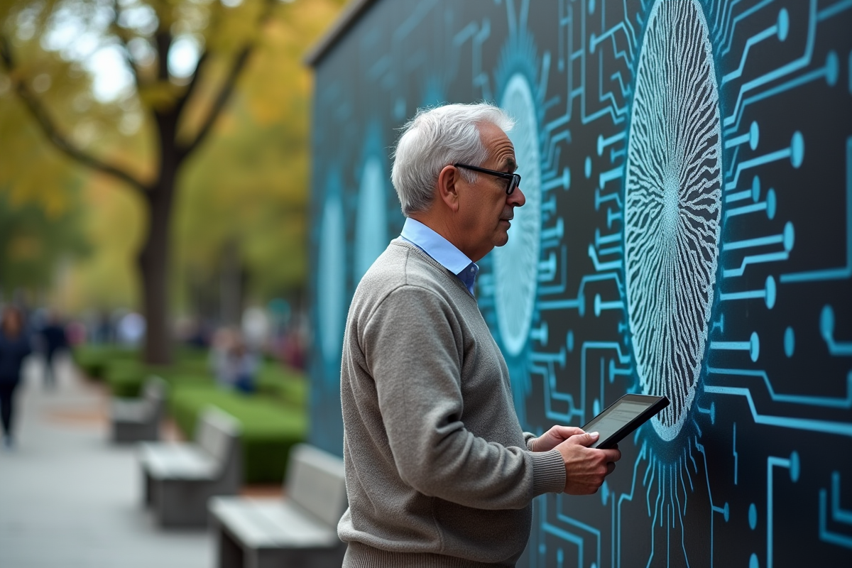 Homme regardant une toile et une tablette devant un mur artistique