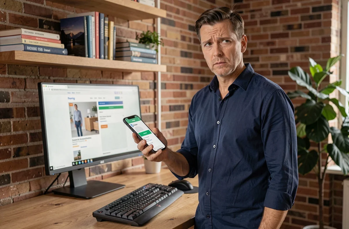 Homme confus regardant une notification de paiement Infinite Remit sur son smartphone dans un bureau moderne