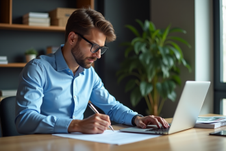 Homme concentré remplissant ses formulaires fiscaux avec un ordinateur