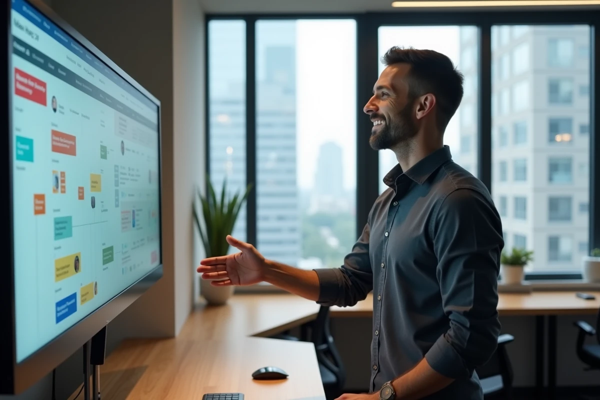 Homme présentant un outil d'automatisation marketing IA sur écran mural dans un espace de coworking moderne