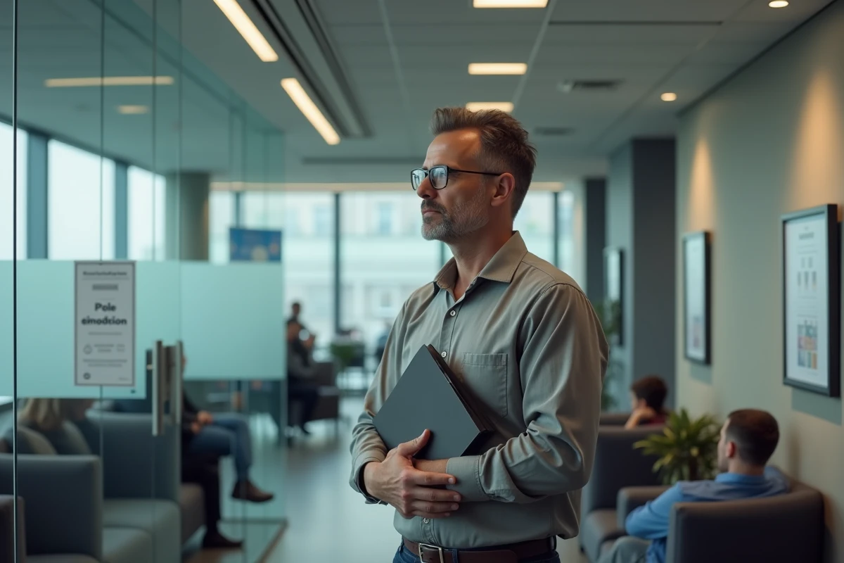 Homme attendant dans un bureau officiel avec panneau pole emploi