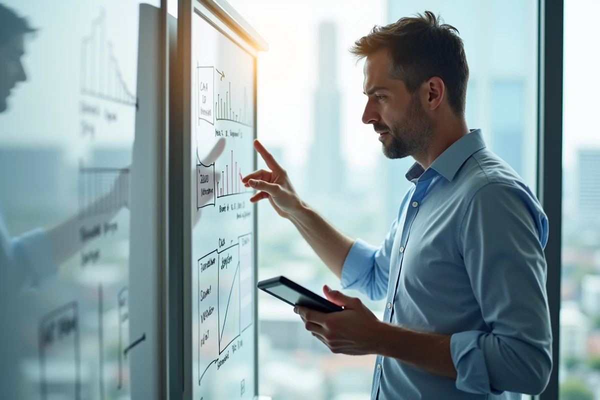 Homme en réunion expliquant des graphiques CA OP