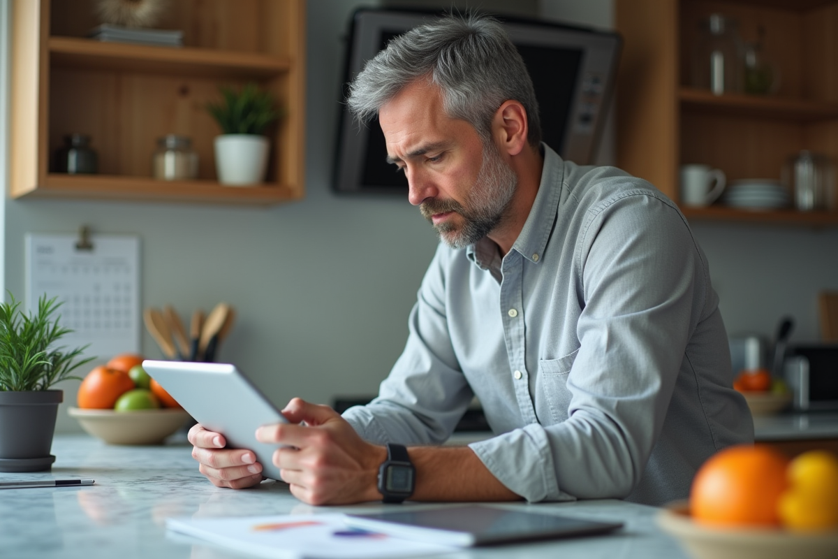 Homme analysant des rapports de productivite au kitchen