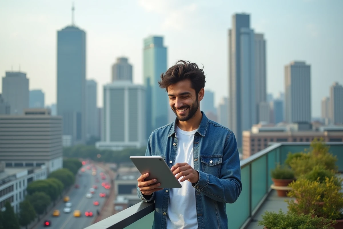 Jeune homme analysant des données sur une tablette en terrasse urbaine
