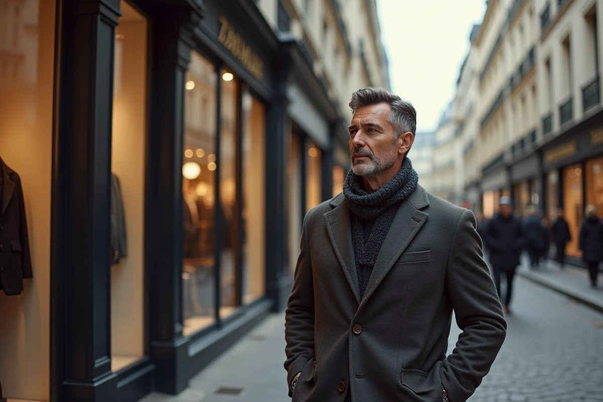 Homme en manteau dans une rue parisienne chic