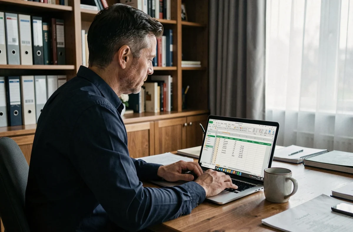 Homme en télétravail utilisant un modèle Excel pour comptabiliser ses heures de travail depuis son bureau à domicile