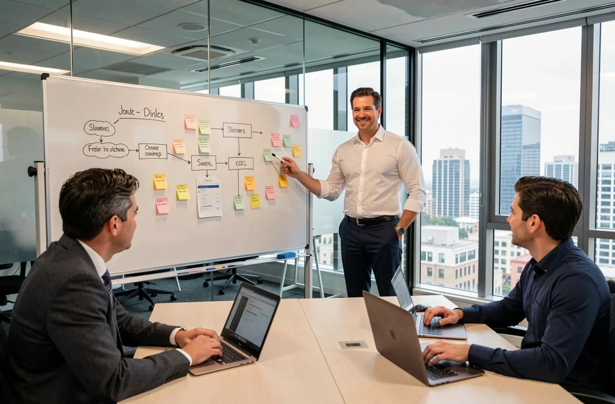 L'équipe d'Idéematic en réunion créative autour de schémas UX dans une salle de travail moderne