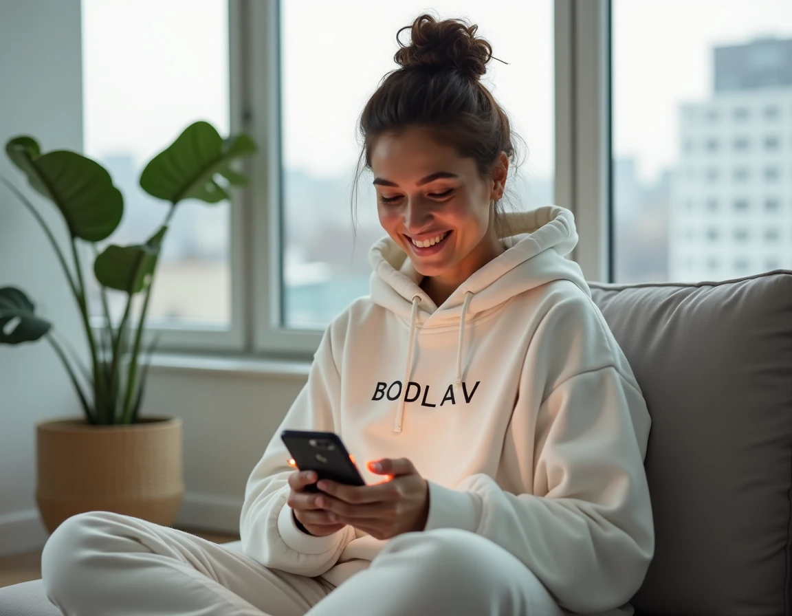 Jeune femme parcourant Instagram sur son smartphone en portant un sweat BODLAV, illustrant la croissance d'une marque sur les réseaux sociaux