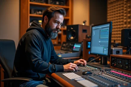 Ing&eacute;nieur audio homme en studio professionnel ajustant une interface audio