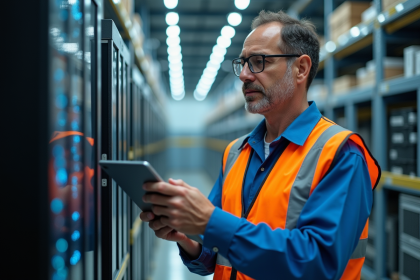 Ingénieur industriel examinant une batterie avec tablette