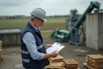 Ingénieur industriel devant une installation de traitement des déchets verts au sein d'un cluster éco-industriel en Poitou-Charentes