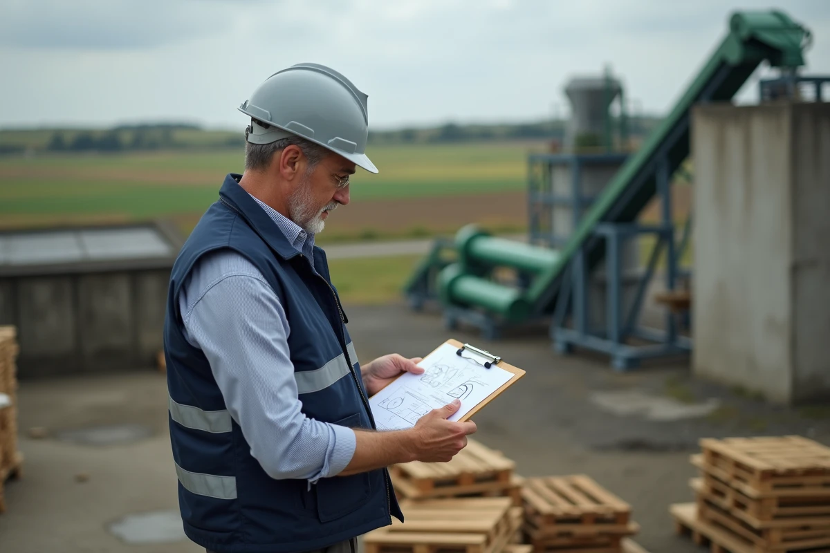 Ingénieur industriel devant une installation de traitement des déchets verts au sein d'un cluster éco-industriel en Poitou-Charentes