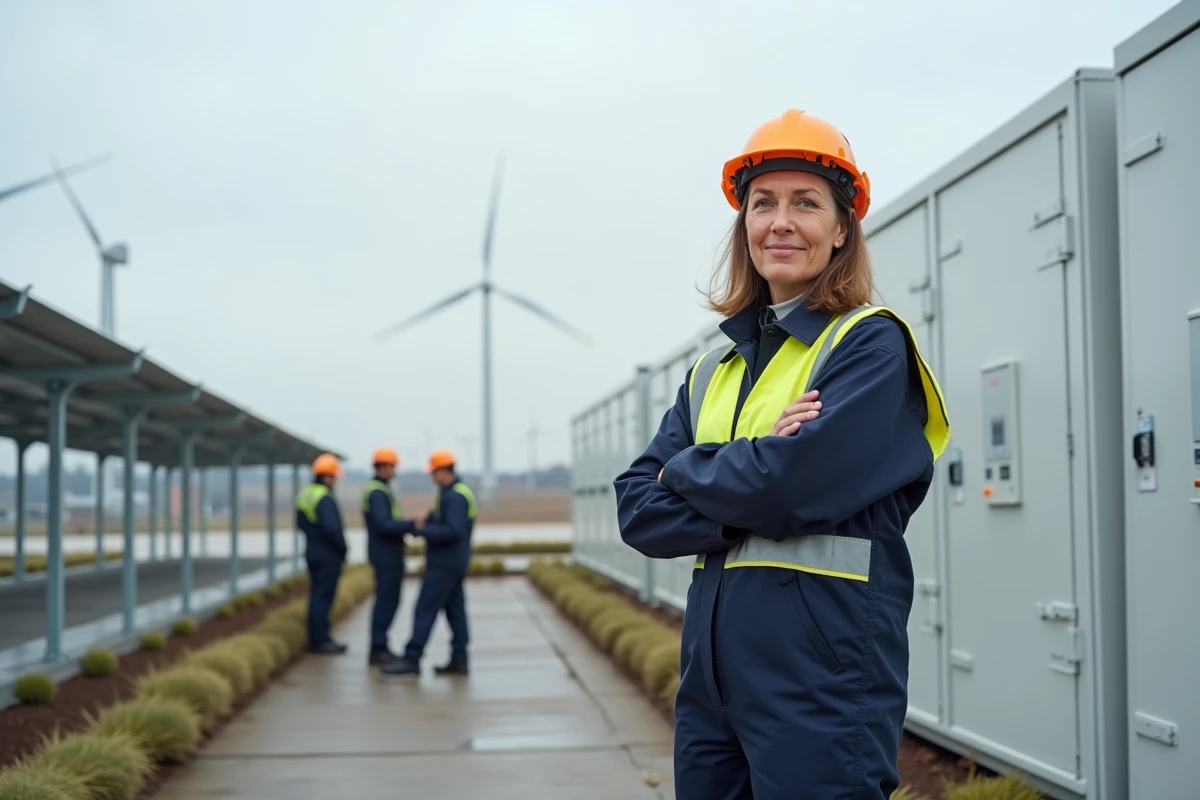 Ing&eacute;nieure en tenue de s&eacute;curit&eacute; pr&egrave;s de batteries d &eacute;nergie