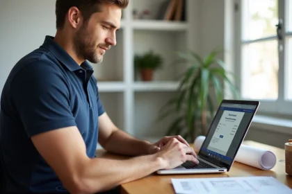 Artisan du bâtiment s'inscrivant sur une plateforme de devis en ligne depuis son bureau à domicile