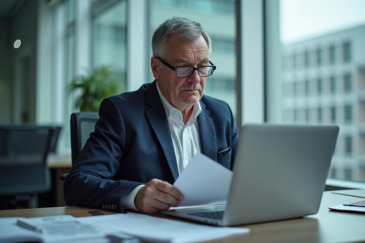 Inspecteur en blazer navy examine des documents au bureau