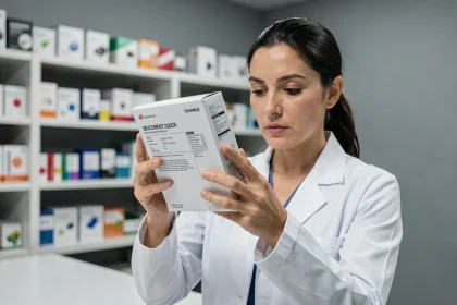 Femme inspectant attentivement un packaging produit dans un studio de développement, illustrant la vérification des mentions visuelles non contractuelles