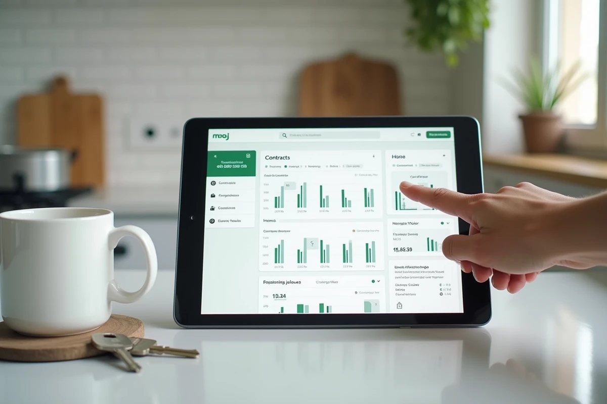 Écran de tablette affichant l'interface de l'espace client EDF ENR avec contrats, factures et statistiques de production solaire