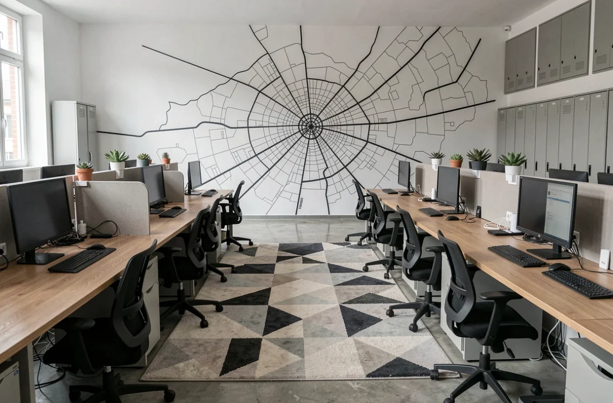 Intérieur vide d'un espace de coworking à Bordeaux avec postes de travail ergonomiques et décor urbain